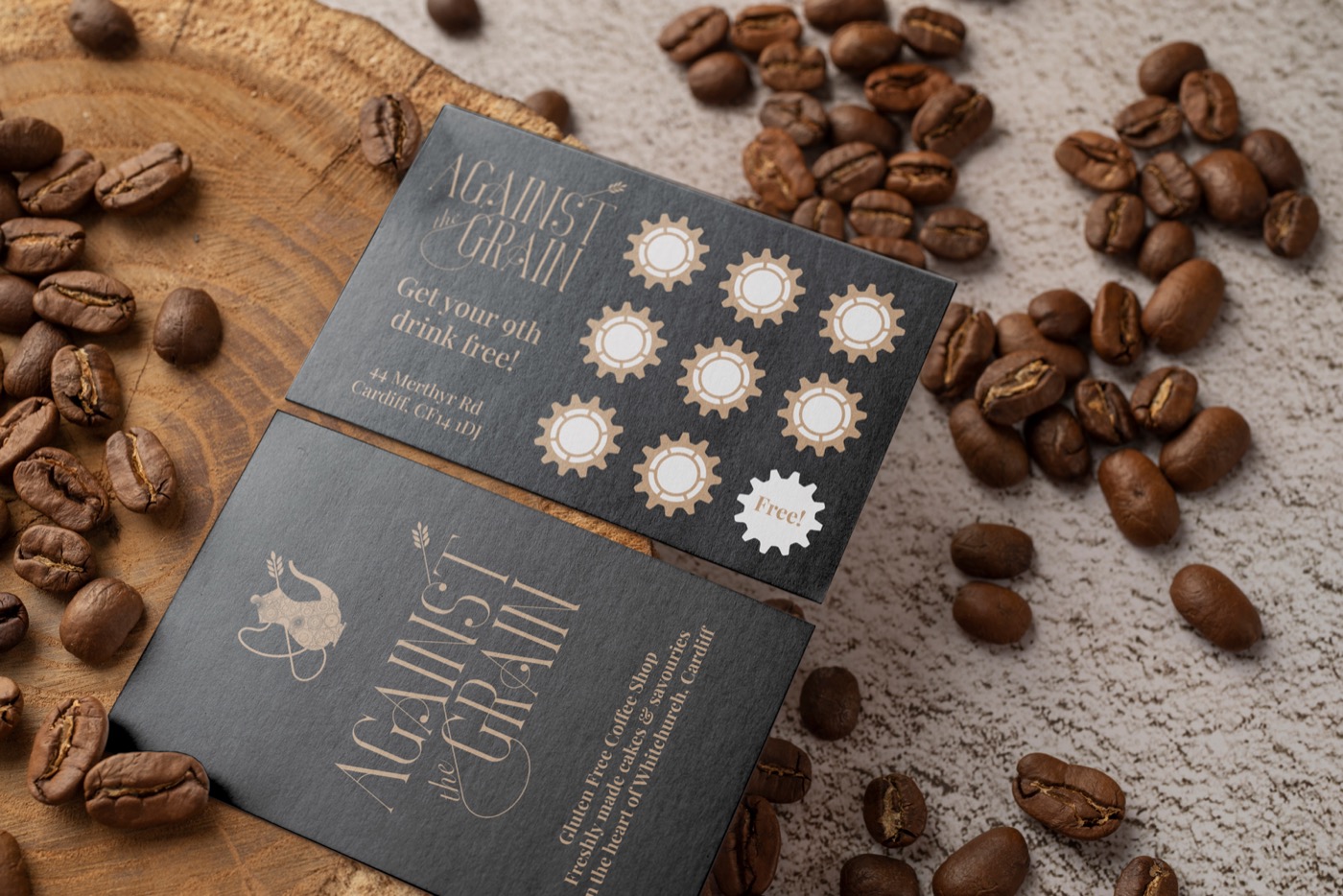 Against the Grain loyalty cards with the coffee shop identity